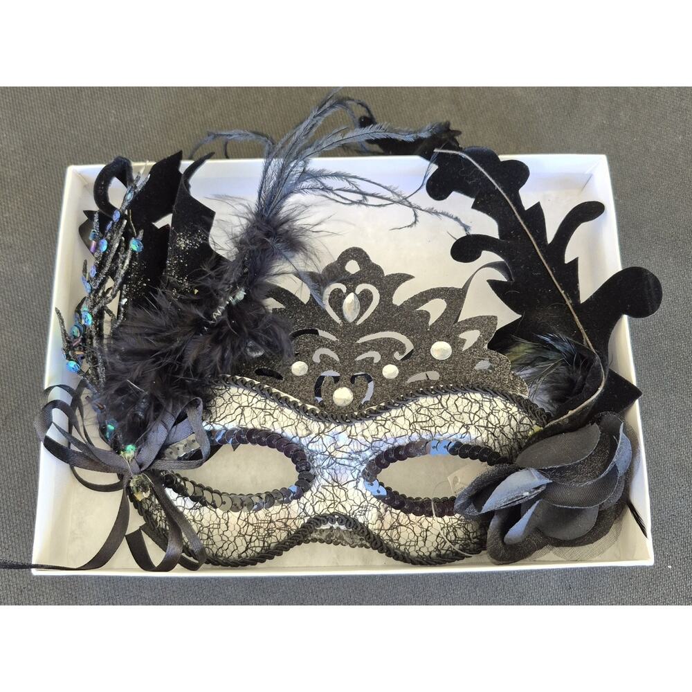 Venetian Masquerade Feathered Mask | Black Lace & Ribbon Costume Eyemask